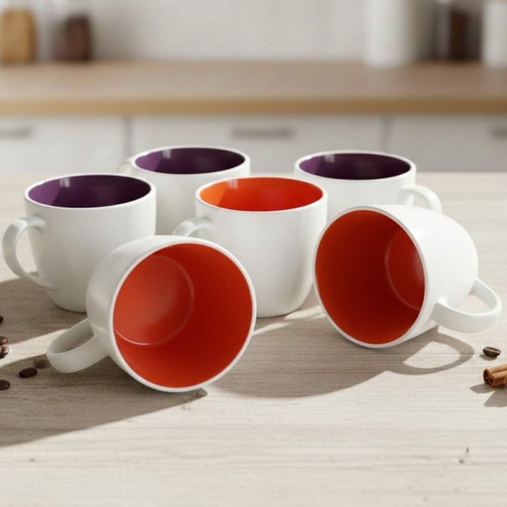 Rachael‎ Ray White Ceramic Coffee Mugs Set of 6 Vibrant Orange Purple Interior